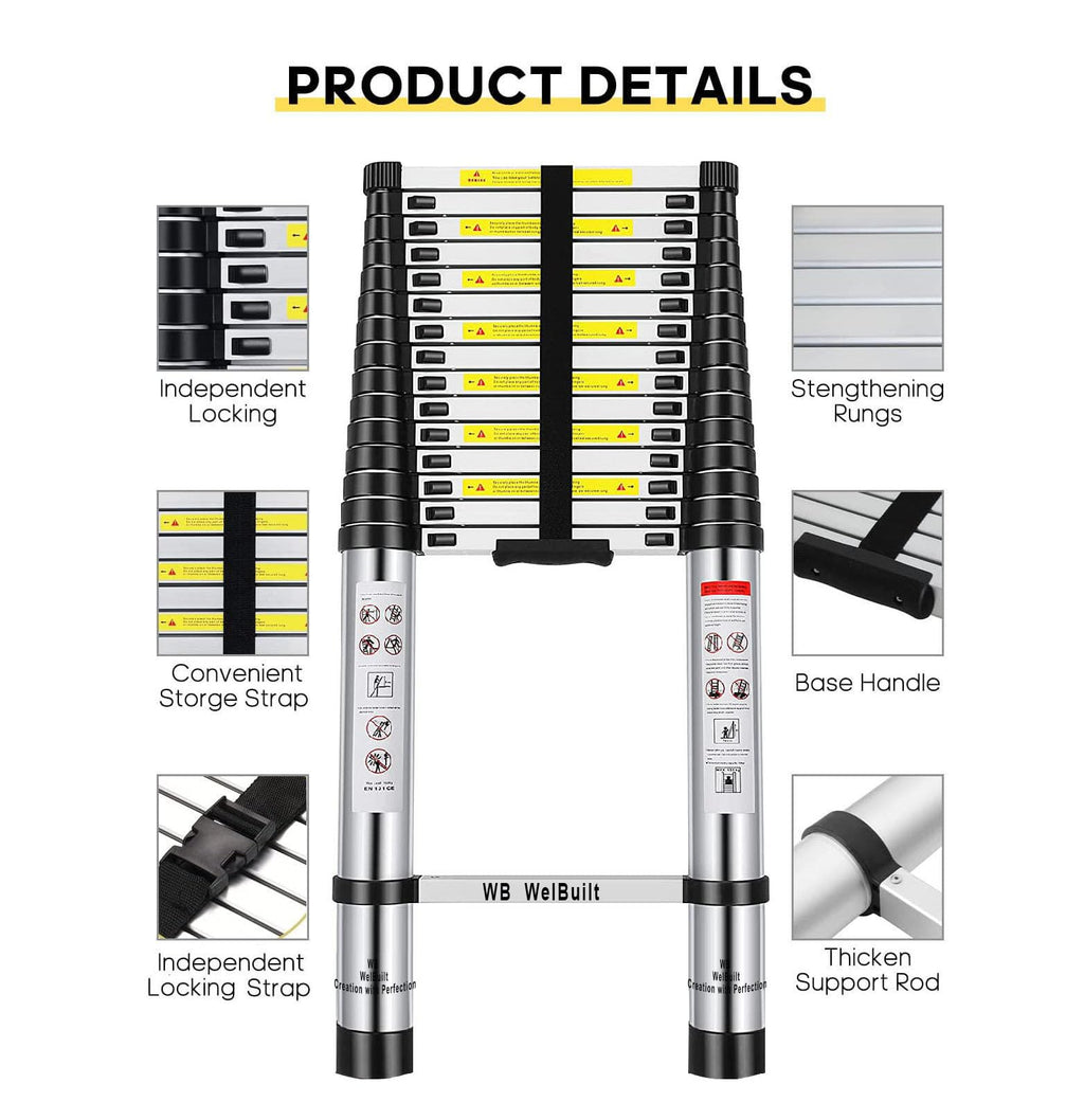 Welbuilt 23 Feet (7 Meter) 18 Step Portable & Compact Telescopic Ladder | 2-Year Warranty | EN131 Certified Foldable Multipurpose Step Ladder for Home & Outdoor use (23 Feet Aluminium)-Building Supplies-Welbuilt Products-Aman Overseas