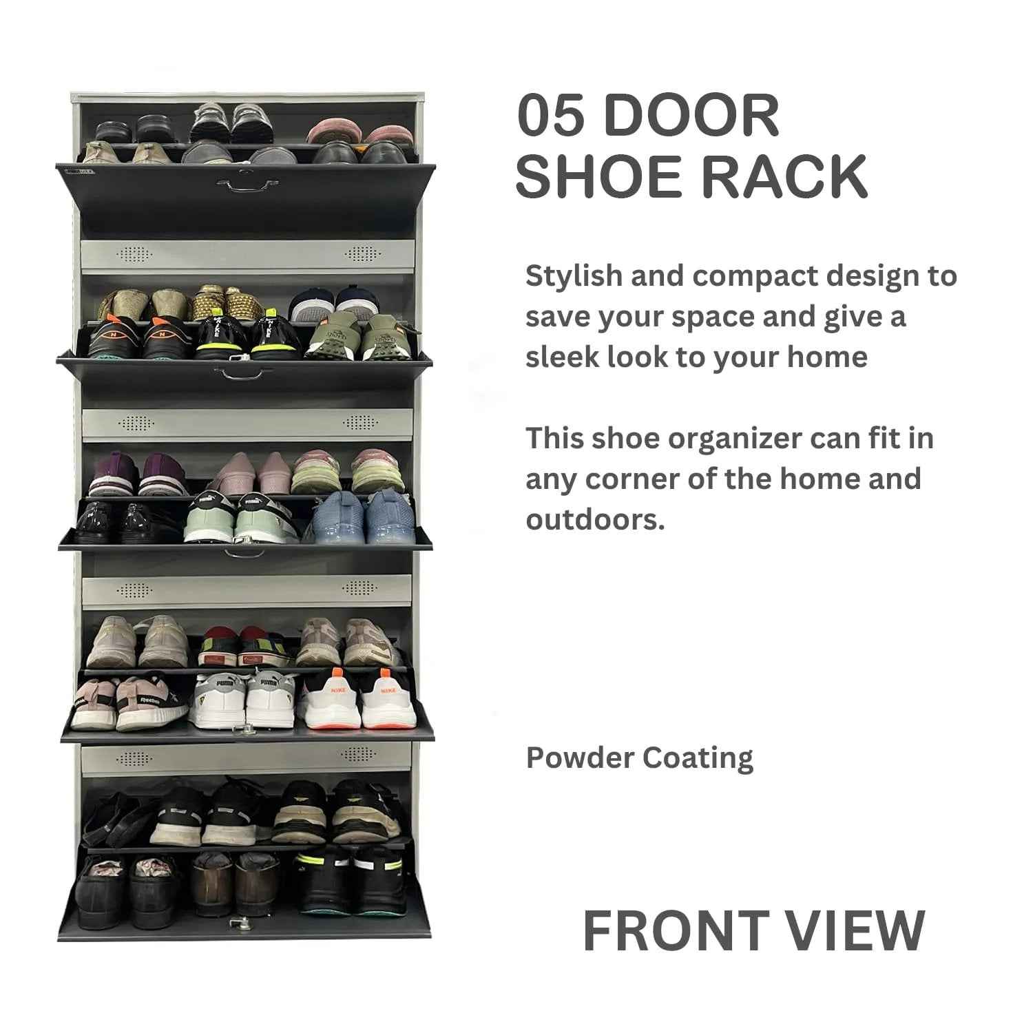 26" Wall Mounted Shoe Rack - Double Decker Metal Organizer with 5 Doors for 30 Pairs Footwear - Shoe Chappal Stand with Lock in White Grey