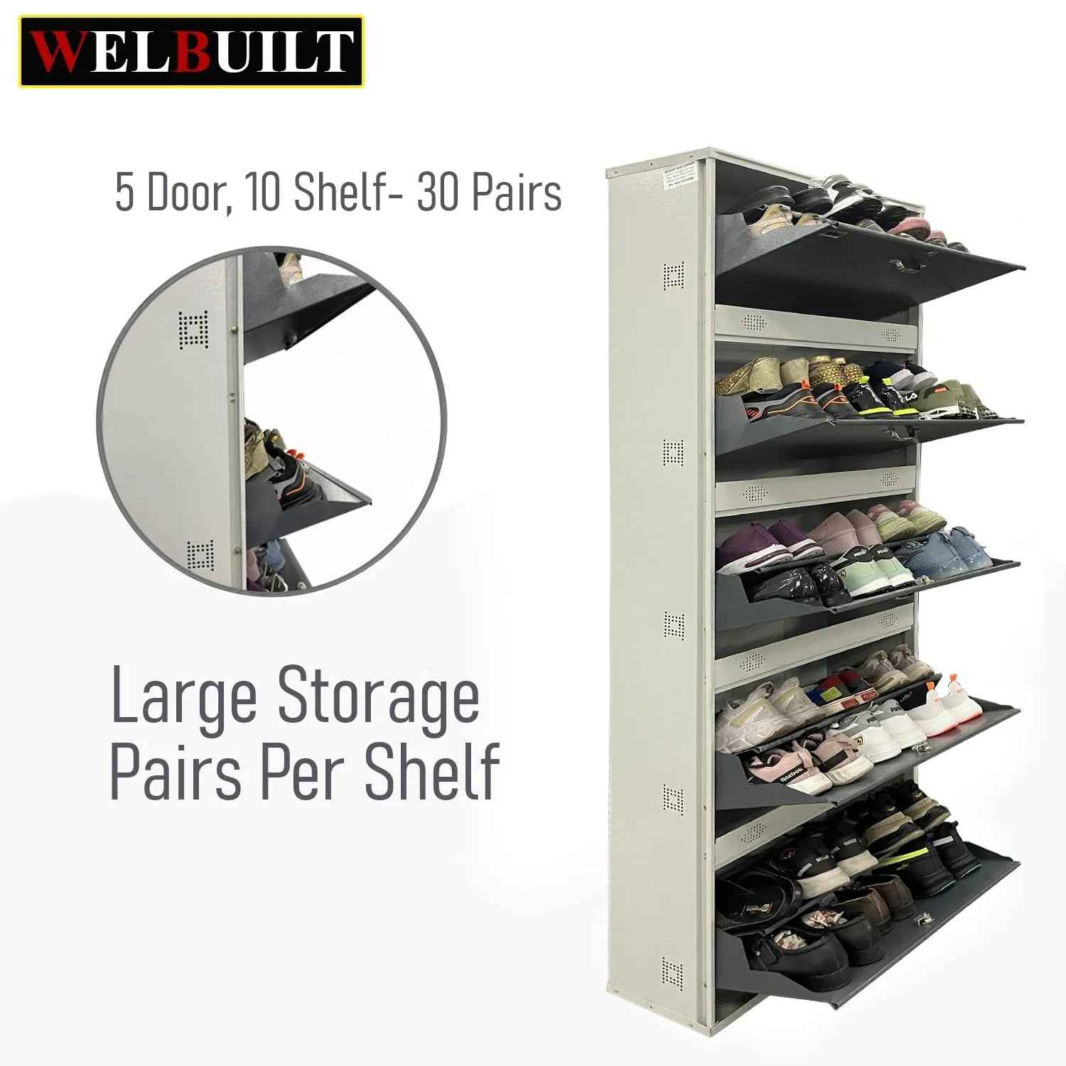 26" Wall Mounted Shoe Rack - Double Decker Metal Organizer with 5 Doors for 30 Pairs Footwear - Shoe Chappal Stand with Lock in White Grey