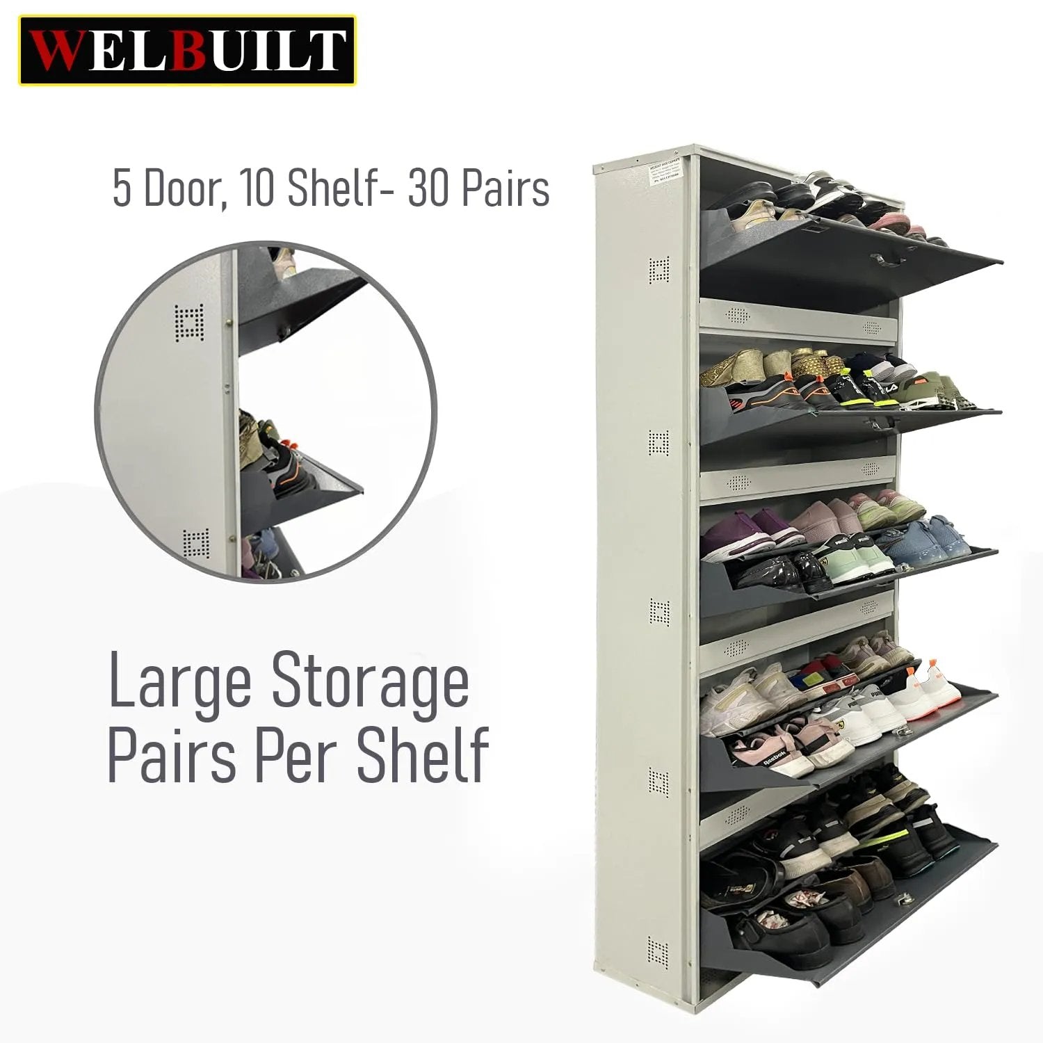 Metal Shoe Rack 30 Pairs Capacity | H-79'' W-26'' D-9.5'' |Wall Mounted Powder Coated 5 Door 10 Shelves Double Decker (White Brown)