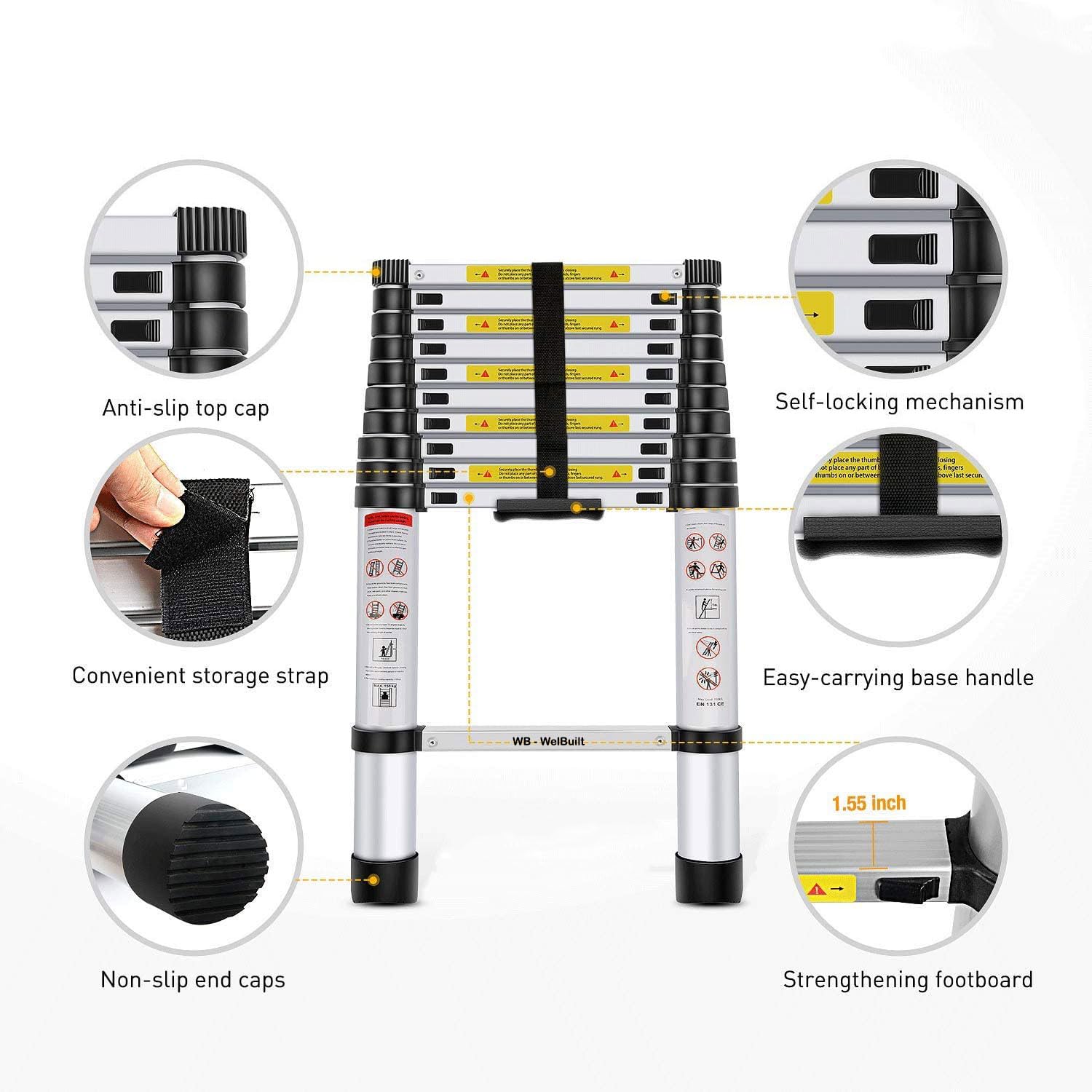 Welbuilt® Portable & Compact Steel Telescopic Ladder | 2-Year Warranty | EN131 Certified Foldable Multipurpose Step Ladder for Home & Outdoor use (14.5 Feet)-Building Supplies-Welbuilt Products-Aman Overseas