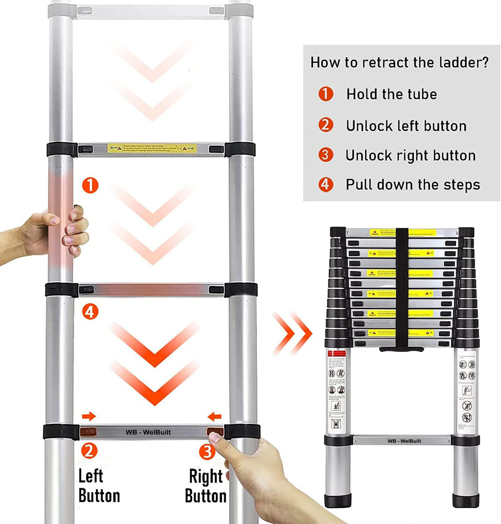 Welbuilt 23 Feet (7 Meter) 18 Step Portable & Compact Telescopic Ladder | 2-Year Warranty | EN131 Certified Foldable Multipurpose Step Ladder for Home & Outdoor use (23 Feet Aluminium)-Building Supplies-Welbuilt Products-Aman Overseas