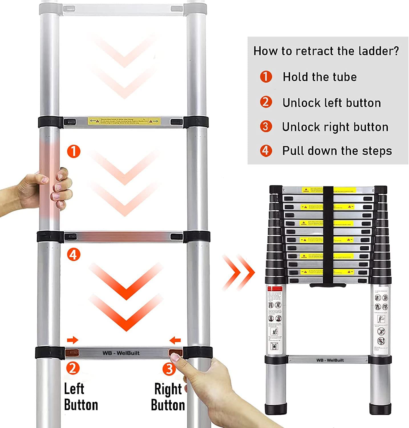 Welbuilt 4.4m (14.5 ft) Portable & Compact Stainless Steel Telescopic Ladder | 2-Year Warranty |EN131 Certified 14-Steps Foldable Multipurpose Step Ladder for Home & Outdoor use-Building Supplies-Welbuilt Products-Aman Overseas
