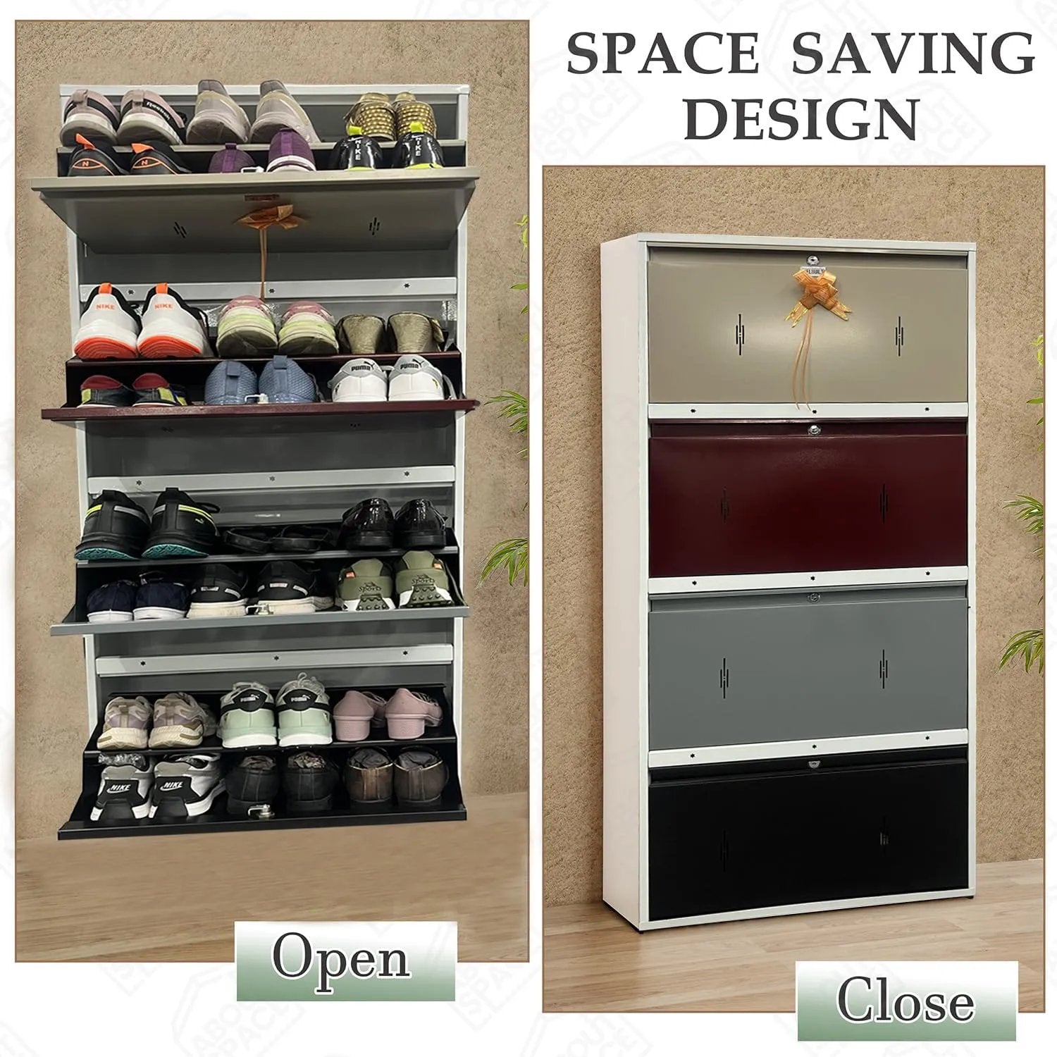 Metal Shoe Rack 24 Pairs Capacity | H-62'' W-26'' D-9.5'' |Wall Mounted Powder Coated 4 Door 8 Shelves Double Decker (Multicolor)