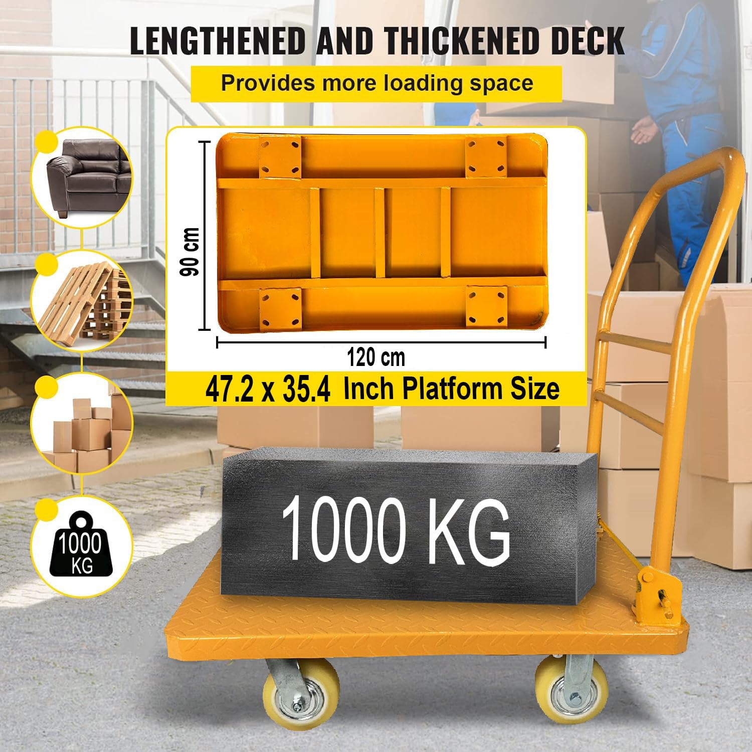 Welbuilt 1000 kg Capacity Heavy Duty Iron Platform Trolley with 360° Degree Swivel Wheels - Yellow