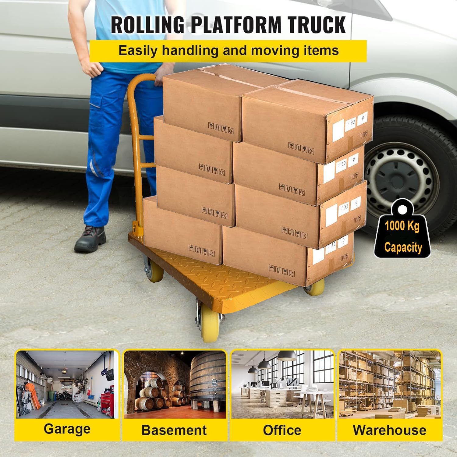 Welbuilt 1000 kg Capacity Heavy Duty Iron Platform Trolley with 360° Degree Swivel Wheels - Yellow