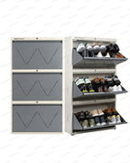 Welbuilt 3-Drawer Metal Shoe Storage Cabinet – Flip-Down Tilt Shoe Rack with Locking Doors, Space-Saving Entryway Organizer (18-24 Pairs) | White & Grey