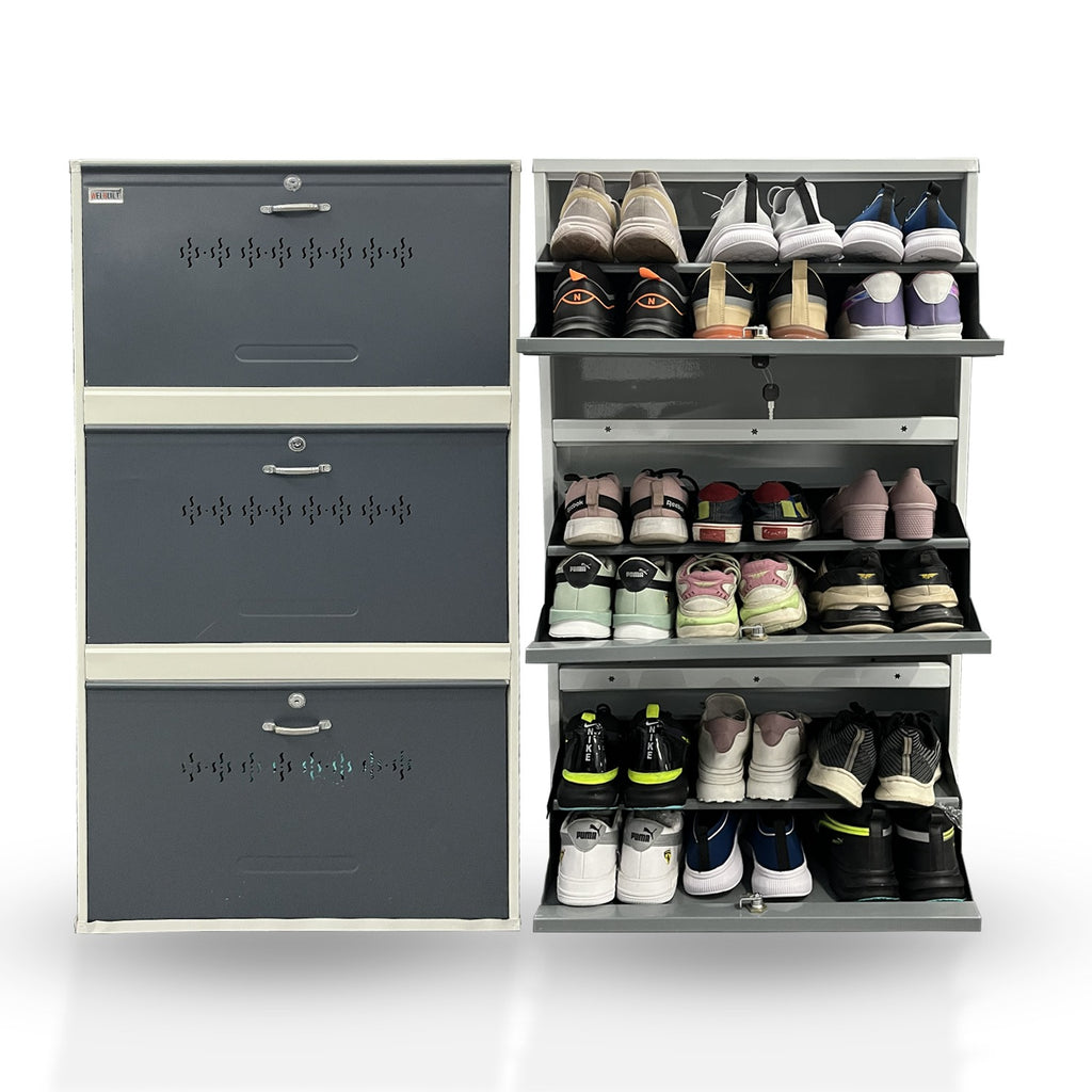 Shoe storage unit with multiple compartments filled with shoes on a white background
