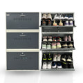 Shoe storage unit with multiple compartments filled with shoes on a white background