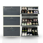 Shoe storage unit with multiple compartments filled with shoes on a white background