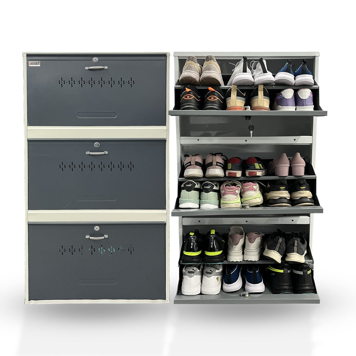 Shoe storage unit with multiple compartments filled with shoes on a white background