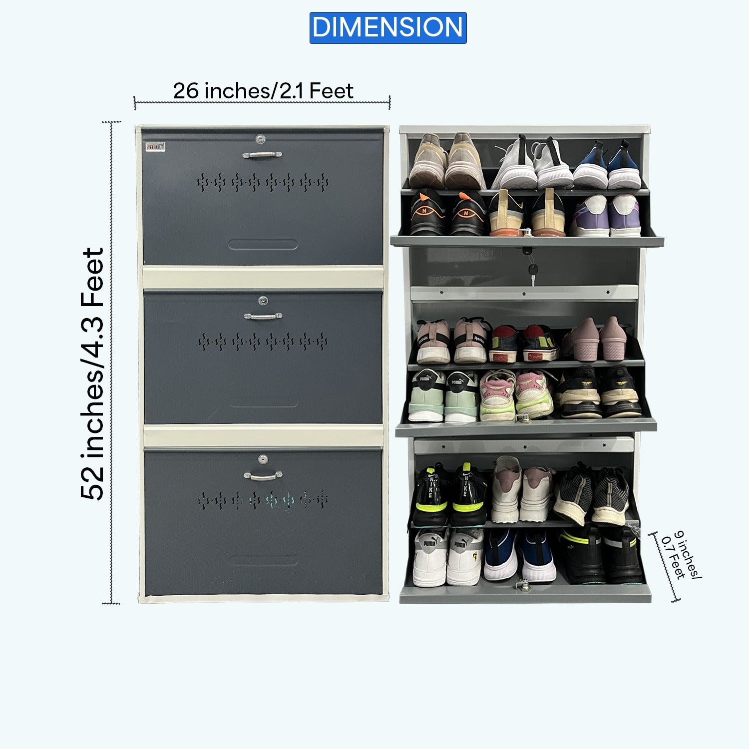 Metal Shoe Rack Cabinet | 3 Door, 6 Shelf | Holds Up to 18 Pairs | Powder Coated Steel | Front & Side Ventilation | Shoe Organizer with Lock – White & Grey