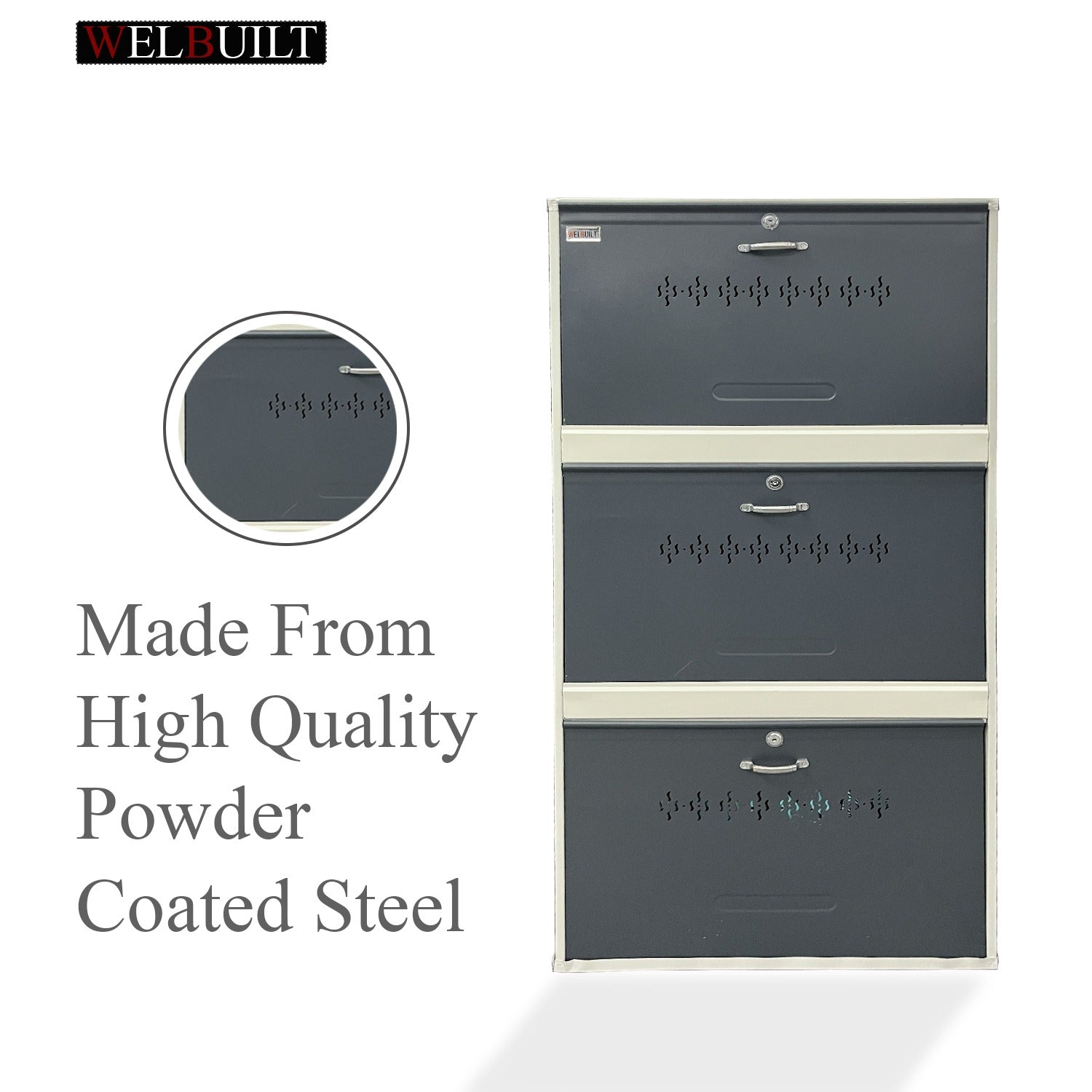 Metal Shoe Rack Cabinet | 3 Door, 6 Shelf | Holds Up to 18 Pairs | Powder Coated Steel | Front & Side Ventilation | Shoe Organizer with Lock – White & Grey