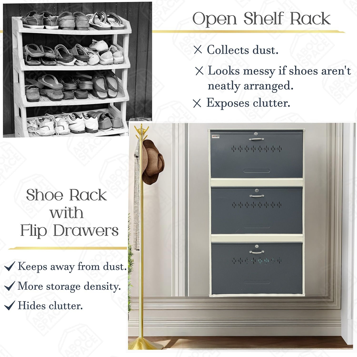 Metal Shoe Rack Cabinet | 3 Door, 6 Shelf | Holds Up to 18 Pairs | Powder Coated Steel | Front & Side Ventilation | Shoe Organizer with Lock – White & Grey