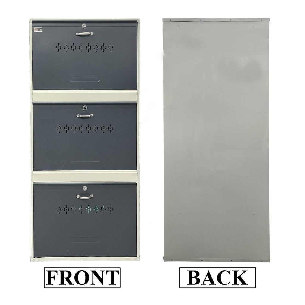 Metal Shoe Rack Cabinet | 3 Door, 6 Shelf | Holds Up to 18 Pairs | Powder Coated Steel | Front & Side Ventilation | Shoe Organizer with Lock – White & Grey