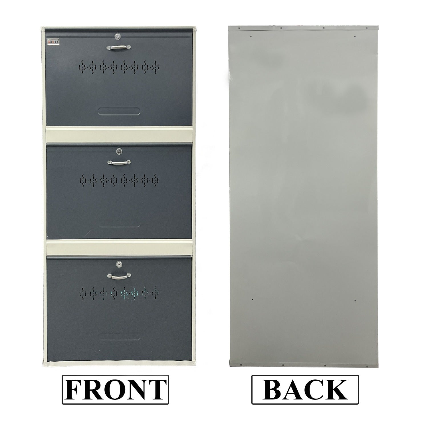 Metal Shoe Rack Cabinet | 3 Door, 6 Shelf | Holds Up to 18 Pairs | Powder Coated Steel | Front & Side Ventilation | Shoe Organizer with Lock – White & Grey