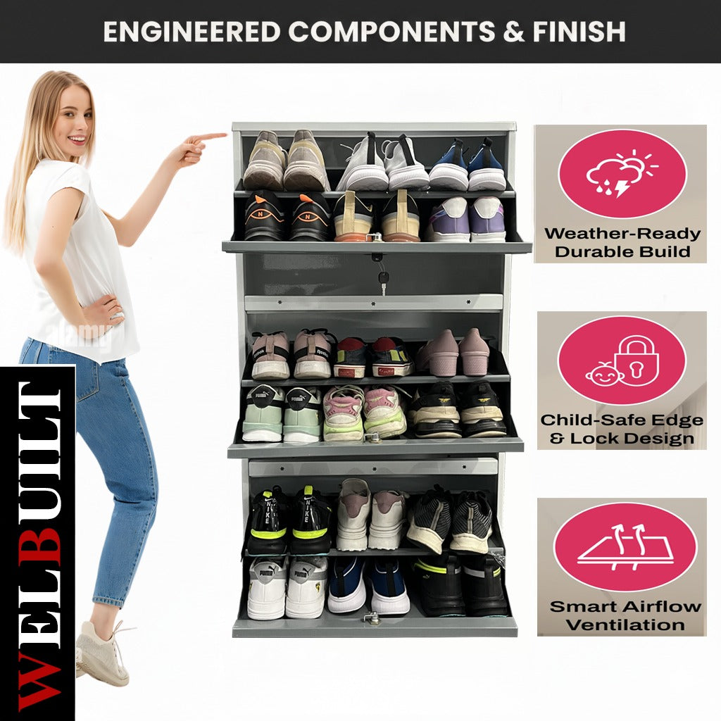 Metal Shoe Rack Cabinet | 3 Door, 6 Shelf | Holds Up to 18 Pairs | Powder Coated Steel | Front & Side Ventilation | Shoe Organizer with Lock – White & Grey