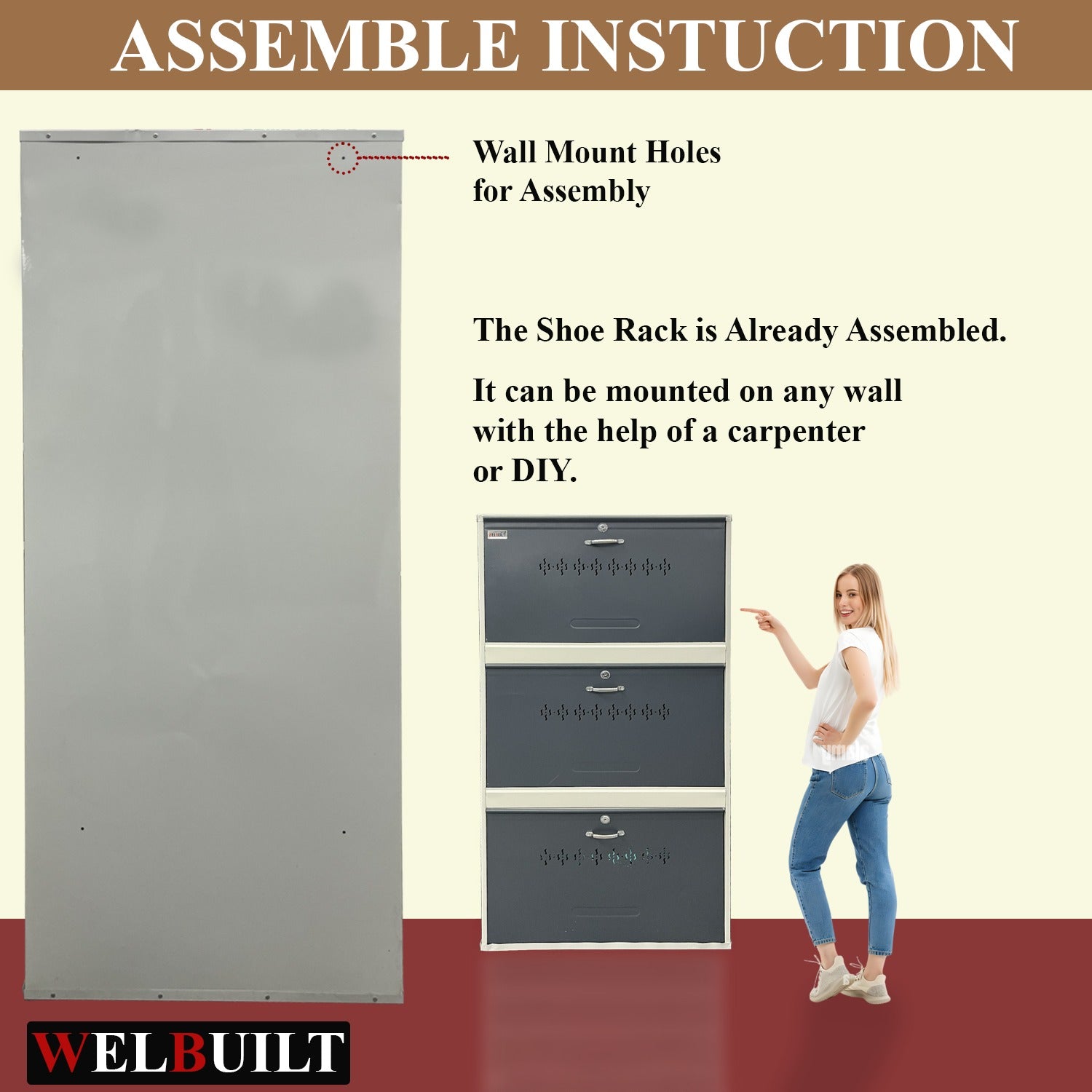 Metal Shoe Rack Cabinet | 3 Door, 6 Shelf | Holds Up to 18 Pairs | Powder Coated Steel | Front & Side Ventilation | Shoe Organizer with Lock – White & Grey