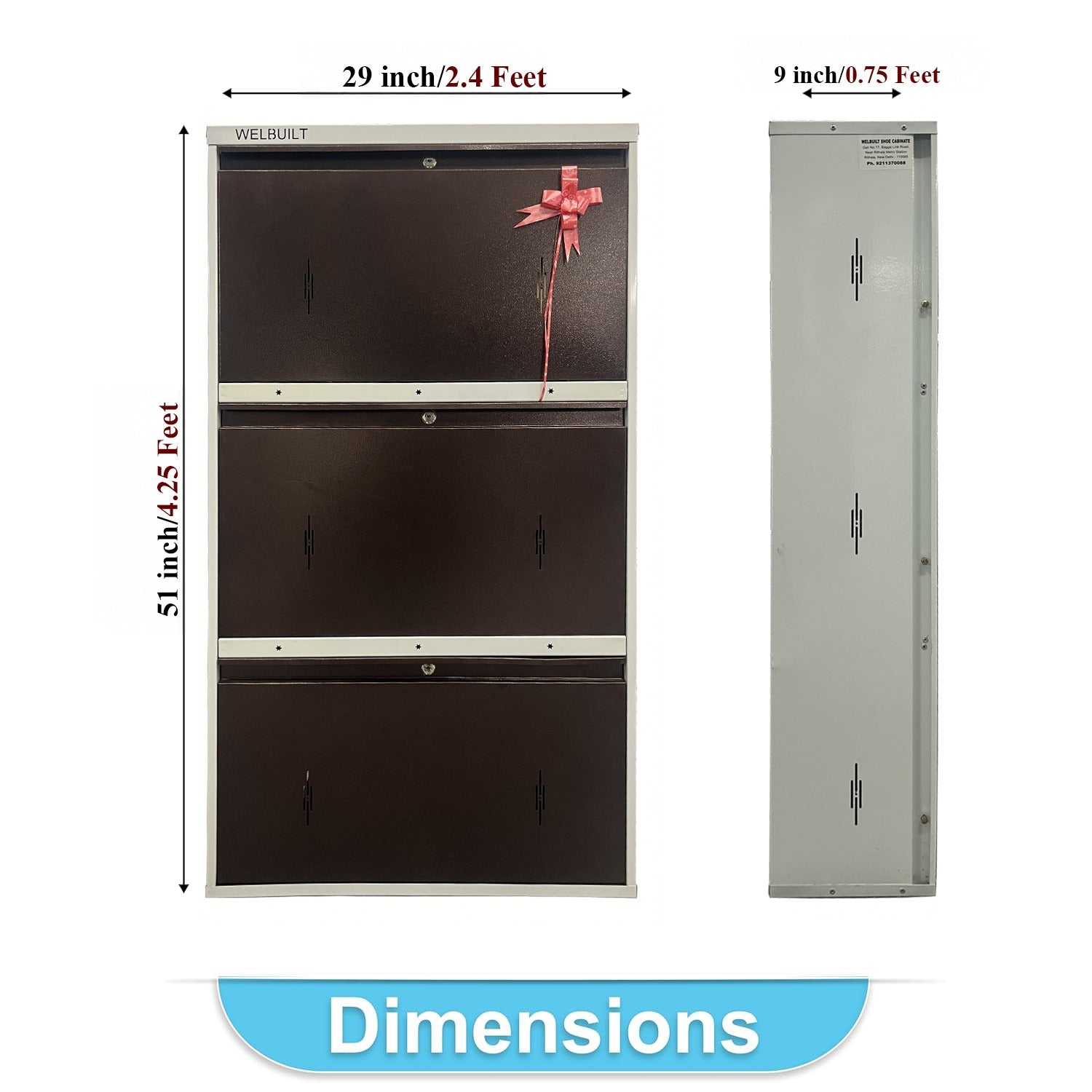 Metal Shoe Rack 18 Pairs Capacity | H-51'' W-26'' D-9.5'' |Wall Mounted Powder Coated 3 Door 6 Shelves Double Decker (Full Brown)