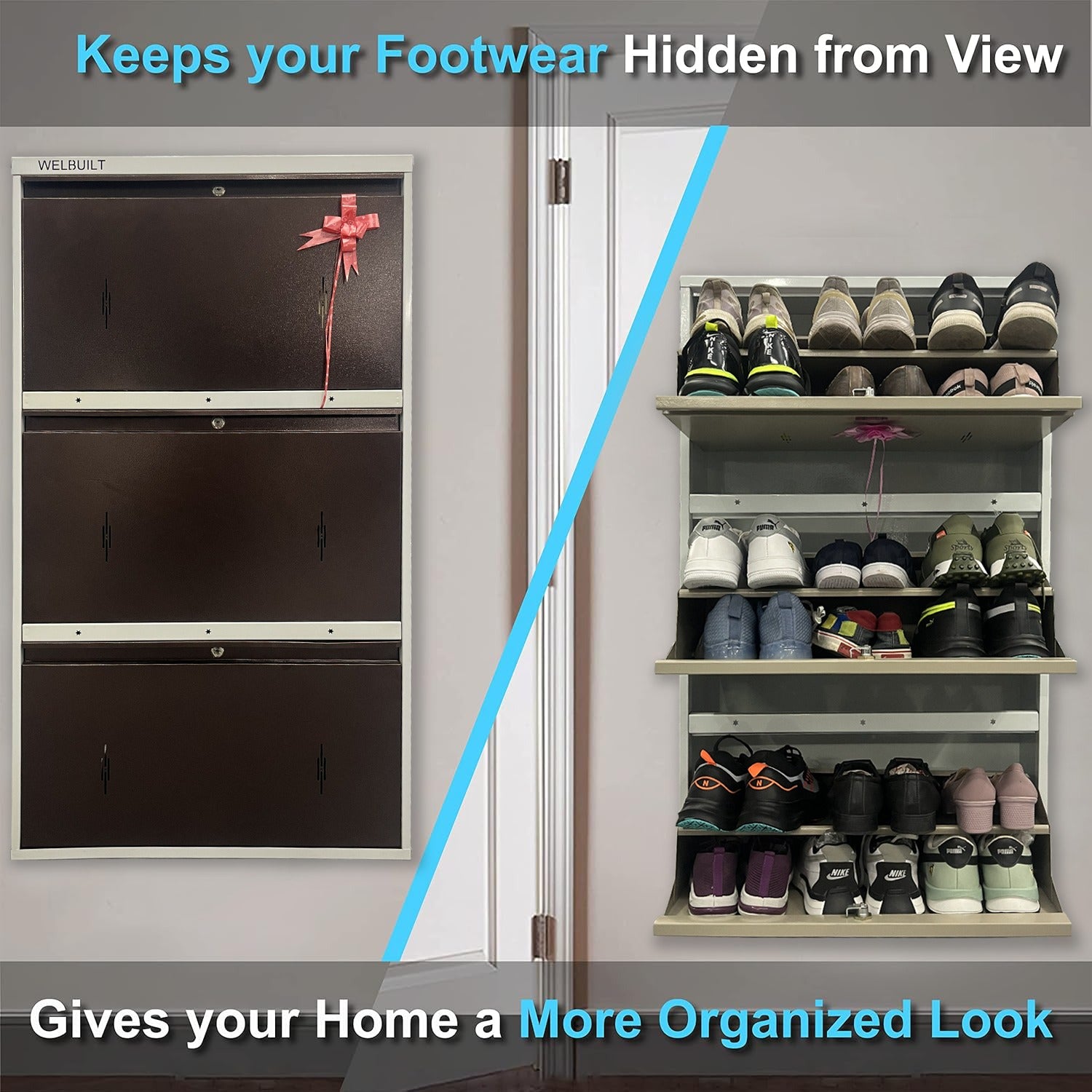Metal Shoe Rack 18 Pairs Capacity | H-51'' W-26'' D-9.5'' |Wall Mounted Powder Coated 3 Door 6 Shelves Double Decker (Full Brown)