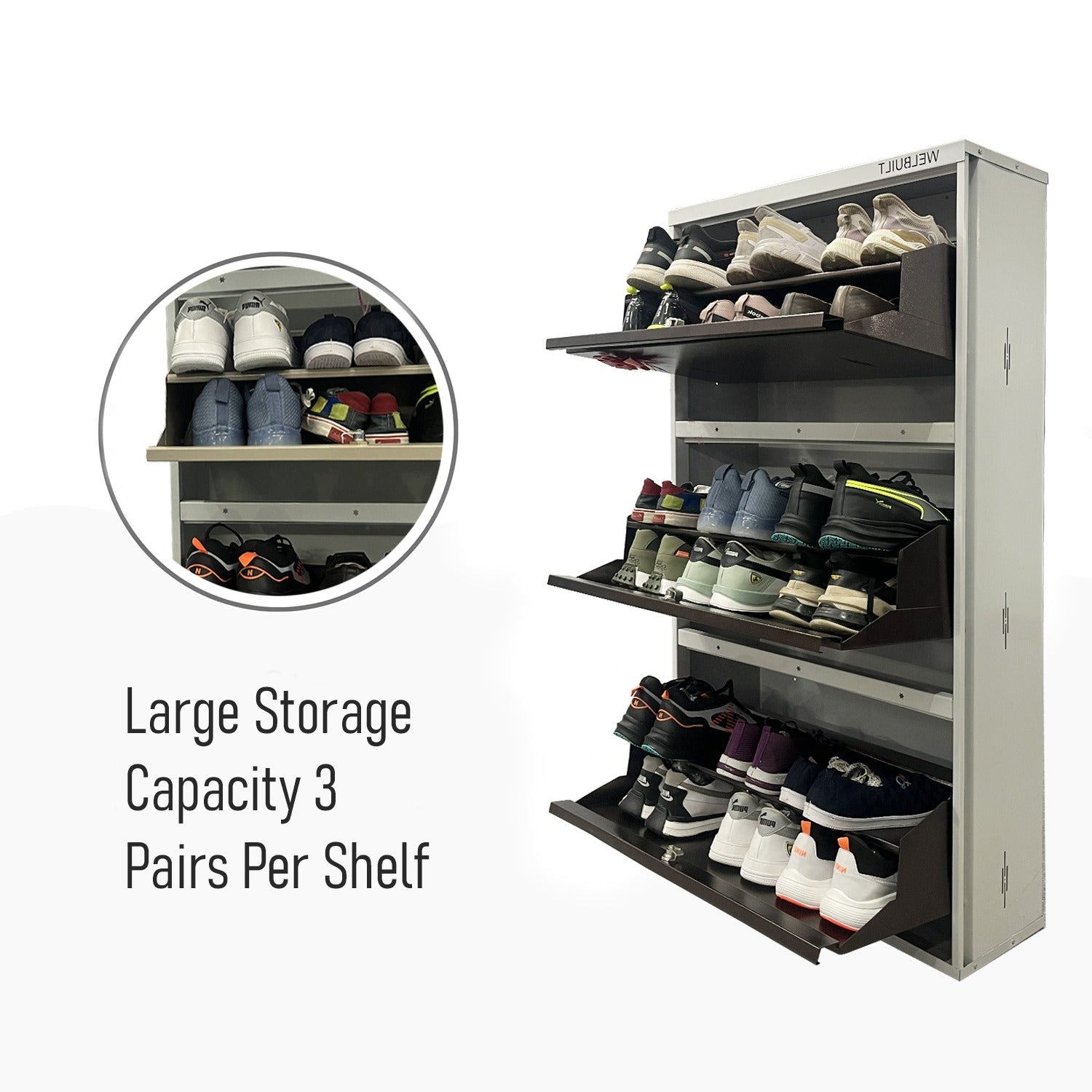 Metal Shoe Rack 18 Pairs Capacity | H-51'' W-26'' D-9.5'' |Wall Mounted Powder Coated 3 Door 6 Shelves Double Decker (Full Brown)