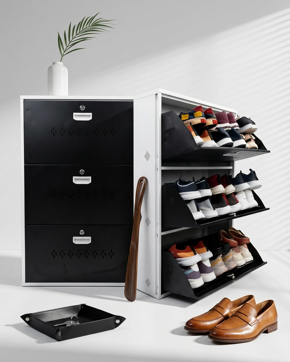 Welbuilt | 3-Door | 18 Pairs | Wall Mounted Metal Shoe Rack | Brown