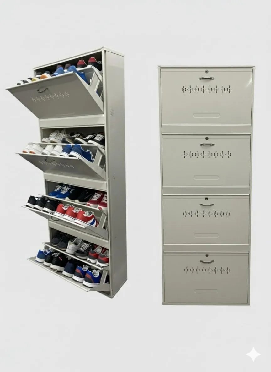 Double Decker Metal Shoe Rack for Home | Capacity-24 Pairs, 4 Door 8 Shelf | H-69, W-26, D-9.5" (inches)| Shoe Cabinet for Home with Lock | Wall Mount - DIY | 100% Powder Coated | White