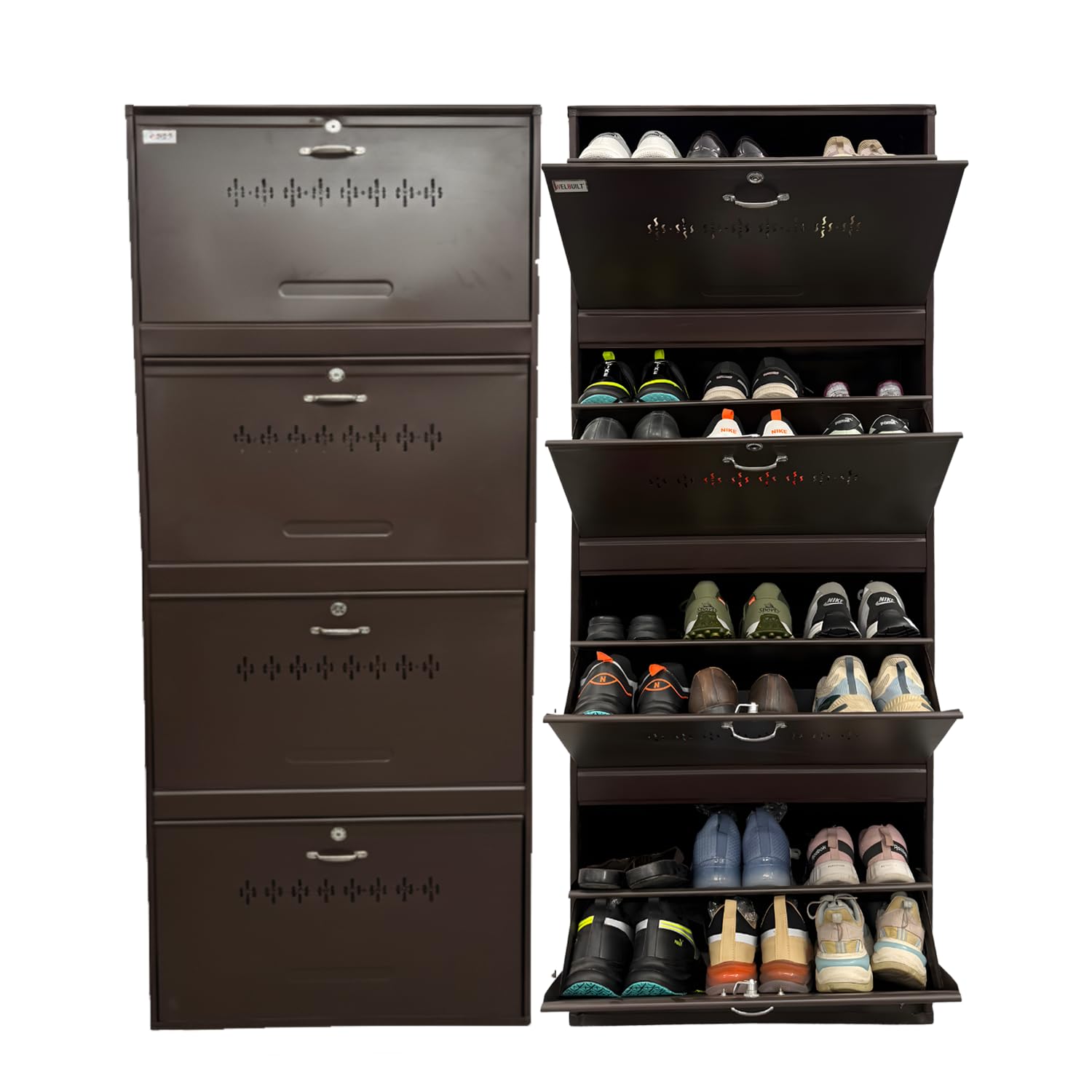 Metal Shoe Rack 24 Pairs Capacity | H-69'' W-26'' D-9.5'' |Wall Mounted Powder Coated 4 Door 8 Shelves Double Decker (Full Brown)