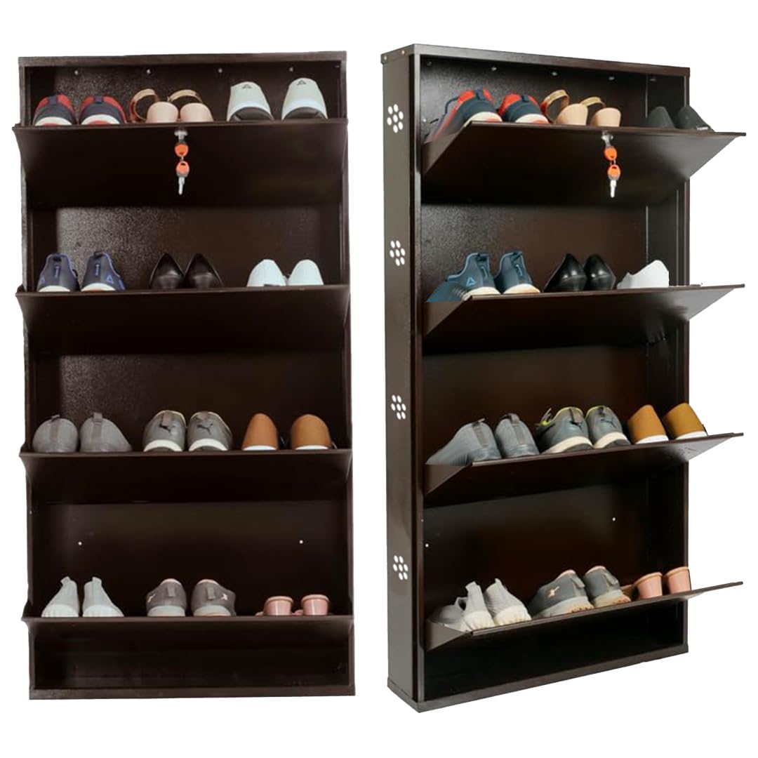 26" Wall Mounted Metal Shoe Rack 4 Door | 12 Pairs Footwear | Shoe Chappal Stand Organizer with Lock