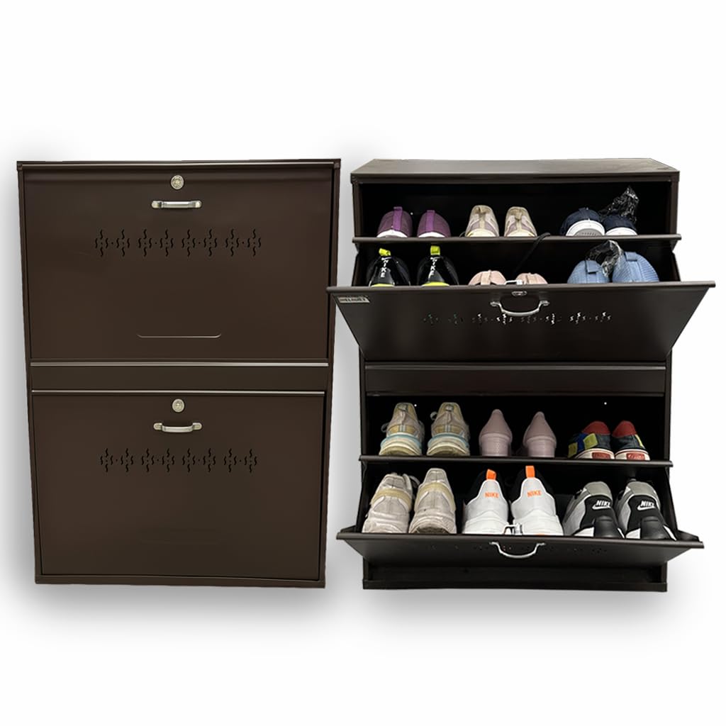 Metal Shoe Rack for Home | Capacity-12 Pairs, 2 Door 4 Shelf | H-34, W-26, D-9.5" (inches)| Shoe Cabinet for Home with Lock | Wall Mount - DIY | 100% Powder Coated | Brown