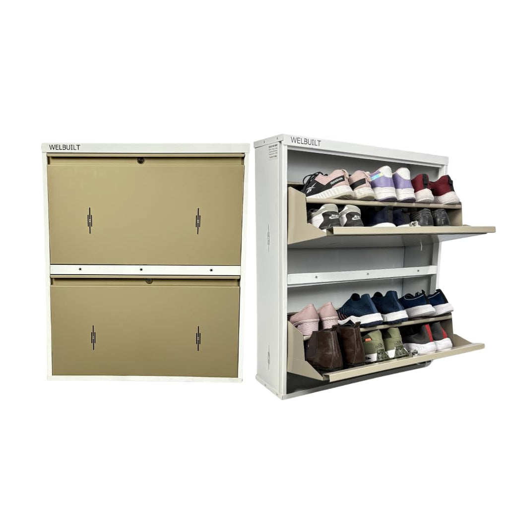 Double Decker Metal Shoe Rack for Home | Capacity-12 Pairs, 2 Door 4 Shelf | H-34, W-29, D-9" (inches)| Shoe Cabinet for Home with Lock | Wall Mount - DIY | 100% Powder Coated | White & Biscuits