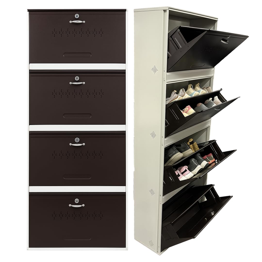 Double decker Metal Shoe Rack for Home | Capacity-24 pairs , 4 door 8 shelf | H-69", W-26", D-9.5" (inches)| Shoe Cabinet for Home with Lock | Wall Mount - DIY | 100% Powder Coated | White and Brown