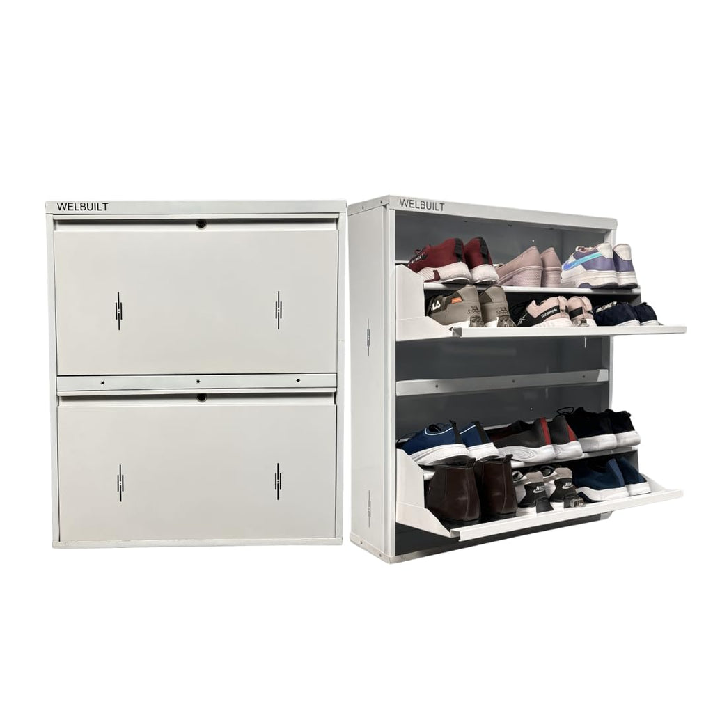 WELBUILT Double Decker Metal Shoe Rack for Home | Capacity-12 Pairs, 2 Door 4 Shelf | H-34, W-29, D-9" (inches)| Shoe Cabinet for Home with Lock | Wall Mount - DIY | 100% Powder Coated | Full White