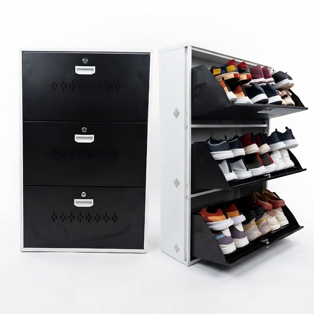 Metal Shoe Rack 18 Pairs Capacity | H-41'' W-26'' D-9.5'' |Wall Mounted Powder Coated 3 Door 6 Shelves Double Decker (White/Brown)