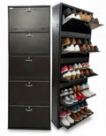 Metal Shoe Rack 30 Pairs Capacity | H-79'' W-26'' D-9.5'' |Wall Mounted Powder Coated 5 Door 10 Shelves Double Decker (Full Brown)