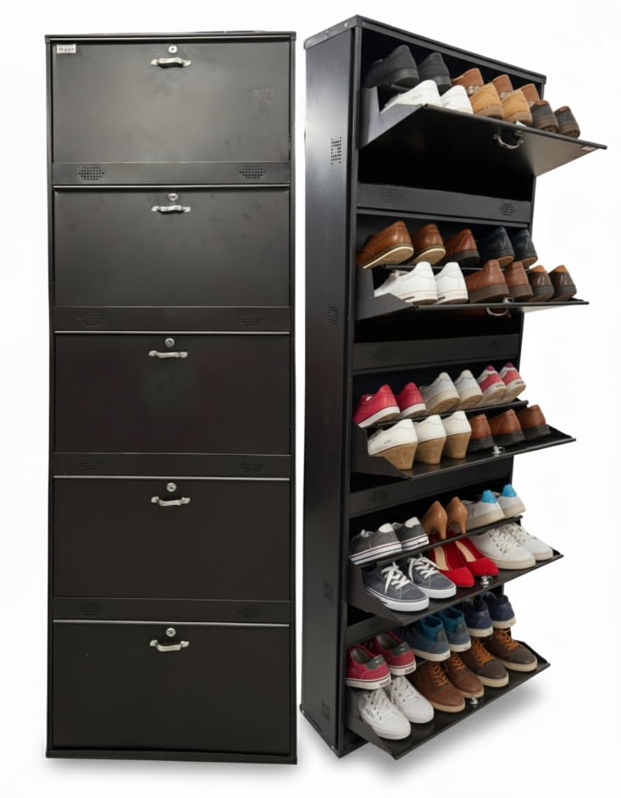 Metal Shoe Rack 30 Pairs Capacity | H-79'' W-26'' D-9.5'' |Wall Mounted Powder Coated 5 Door 10 Shelves Double Decker (Full Brown)