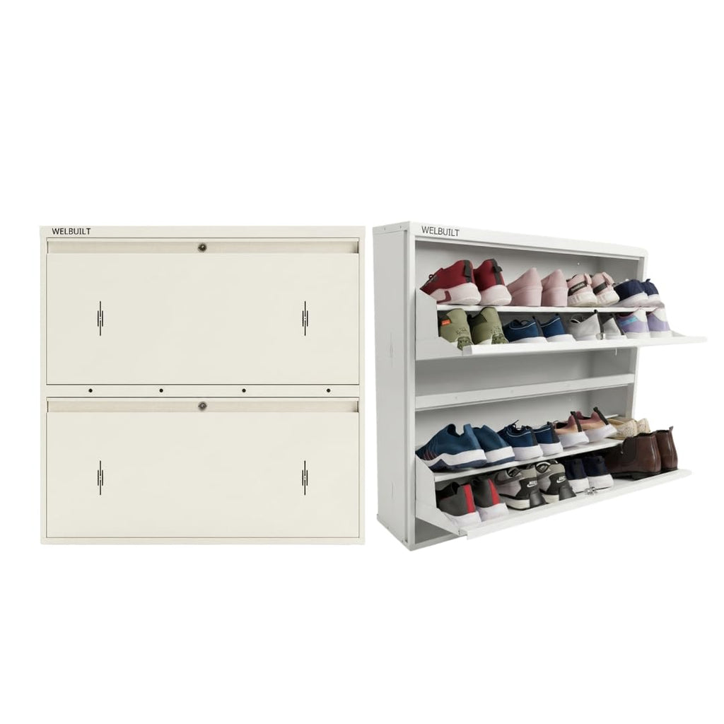 WELBUILT Double Decker Metal Shoe Rack | Capacity-16 Pairs, 2 Door 4 Shelf | H-34, W-35, D-9.5" (inches)| Shoe Cabinet for Home with Lock | Wall Mount - DIY | 100% Powder Coated | Full White