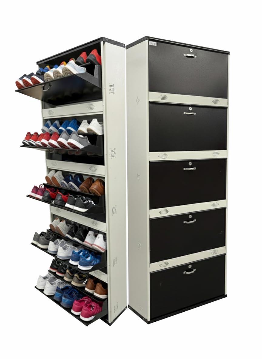 Metal Shoe Rack 30 Pairs Capacity | H-79'' W-26'' D-9.5'' |Wall Mounted Powder Coated 5 Door 10 Shelves Double Decker (White & Brown)
