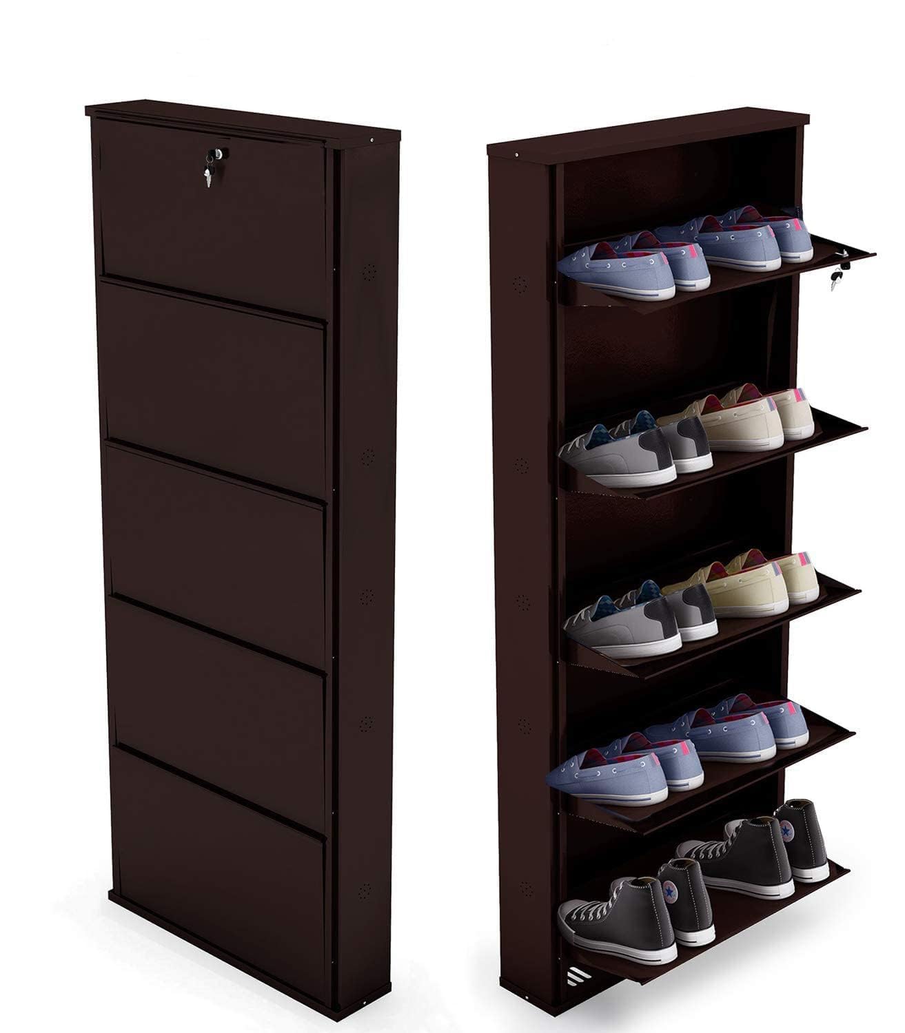 21" Wall Mounted Metal Shoe Rack 5 Door | 10-12 Pairs Footwear | Shoe Chappal Stand Organizer with Lock