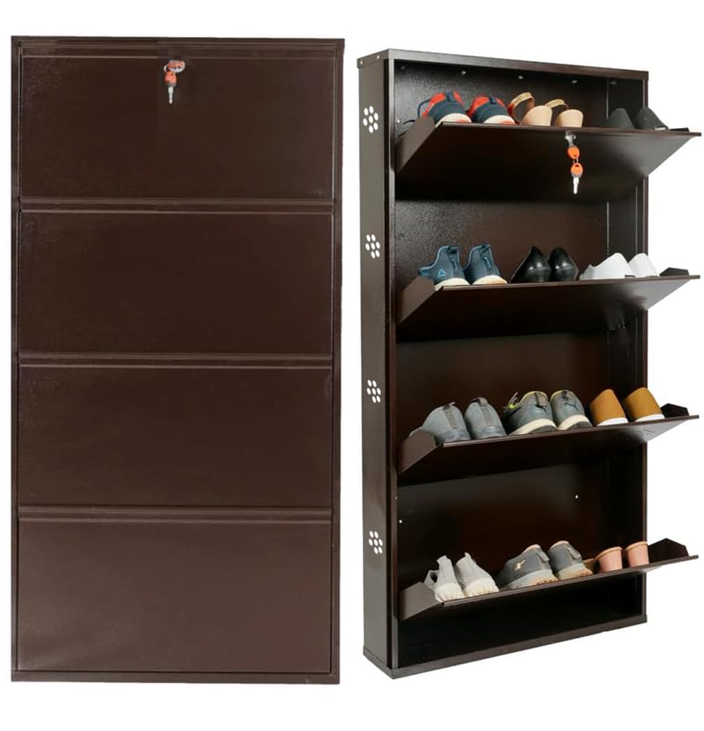 32" Wall Mounted Metal Shoe Rack 4 Door | 14-16 Pairs Footwear | Shoe Chappal Stand Organizer with Lock