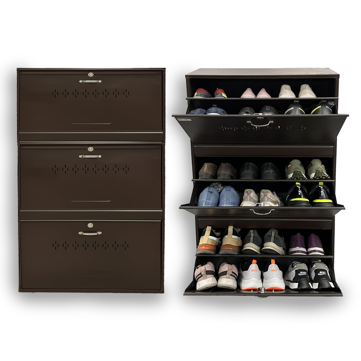 Metal Shoe Rack 18 Pairs Capacity | H-52'' W-26'' D-9.5'' |Wall Mounted Powder Coated 3 Door 6 Shelves Double Decker (Full Brown)