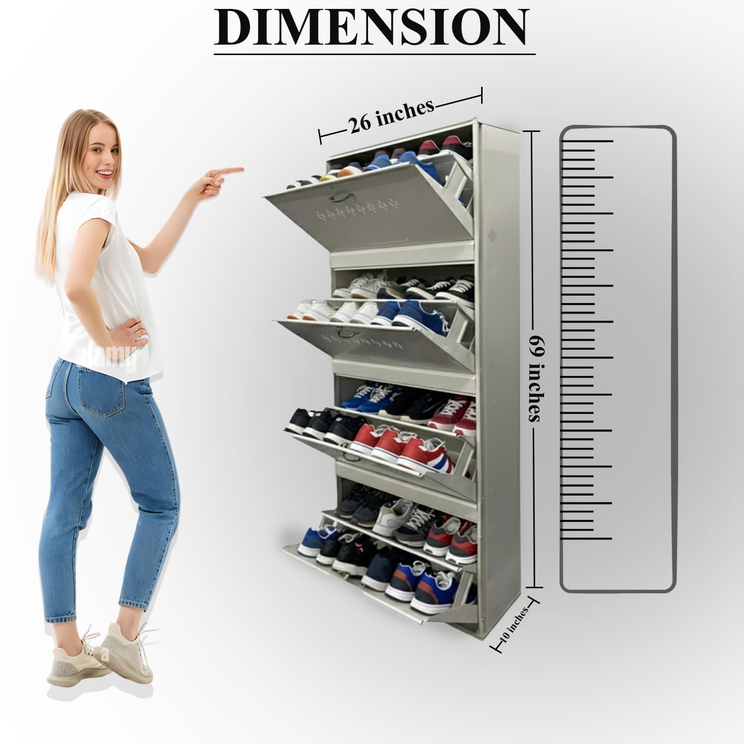 Double Decker Metal Shoe Rack for Home | Capacity-24 Pairs, 4 Door 8 Shelf | H-69, W-26, D-9.5" (inches)| Shoe Cabinet for Home with Lock | Wall Mount - DIY | 100% Powder Coated | White