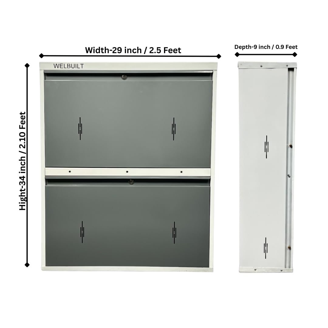 WELBUILT Double Decker Metal Shoe Rack for Home | Capacity-12 Pairs, 2 Door 4 Shelf | H-34, W-29, D-9" (inches)| Shoe Cabinet for Home with Lock | Wall Mount - DIY | 100% Powder Coated | White & Grey