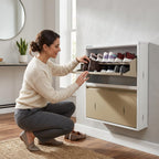 Double Decker Metal Shoe Rack for Home | Capacity-12 Pairs, 2 Door 4 Shelf | H-34, W-29, D-9" (inches)| Shoe Cabinet for Home with Lock | Wall Mount - DIY | 100% Powder Coated | White & Biscuits
