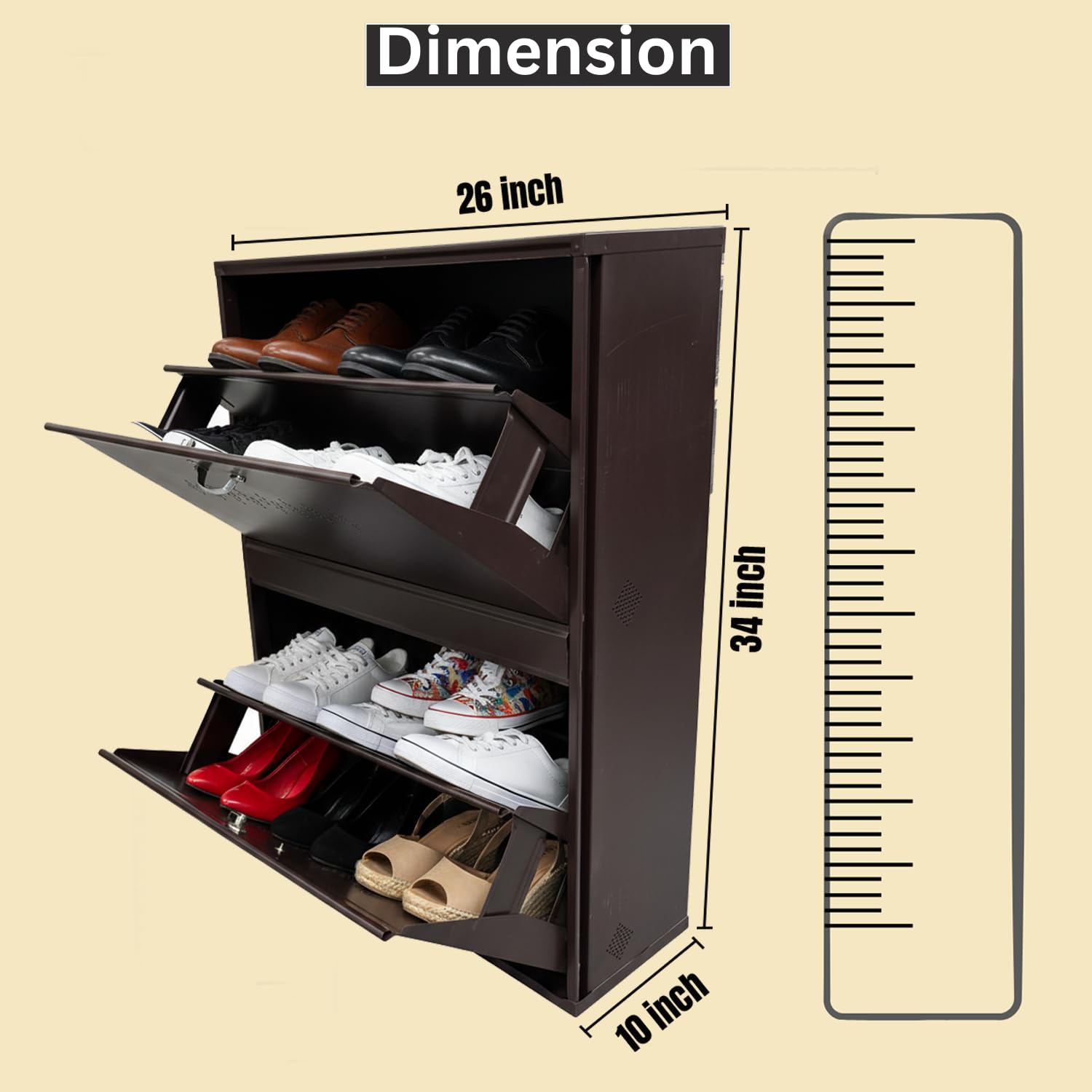 Metal Shoe Rack for Home | Capacity-12 Pairs, 2 Door 4 Shelf | H-34, W-26, D-9.5" (inches)| Shoe Cabinet for Home with Lock | Wall Mount - DIY | 100% Powder Coated | Brown
