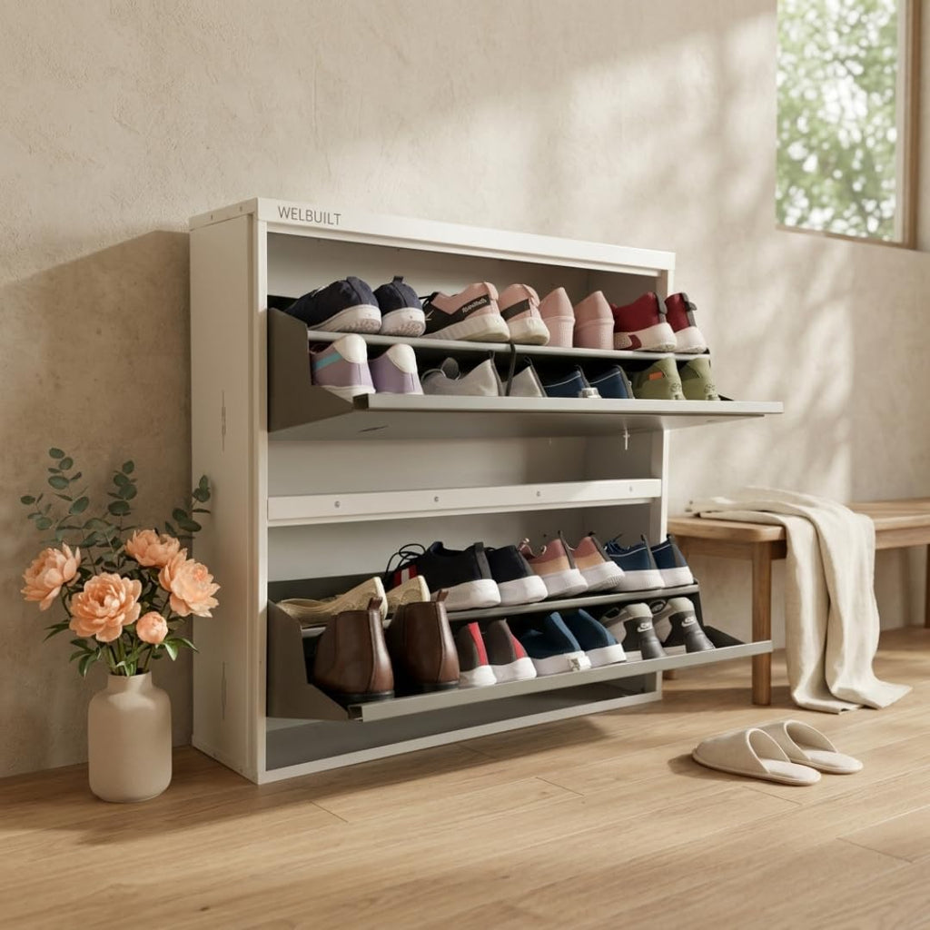 Double Decker Metal Shoe Rack | Capacity-16 Pairs, 2 Door 4 Shelf | H-34, W-35, D-9.5" (inches)| Shoe Cabinet for Home with Lock | Wall Mount - DIY | 100% Powder Coated | White & Grey