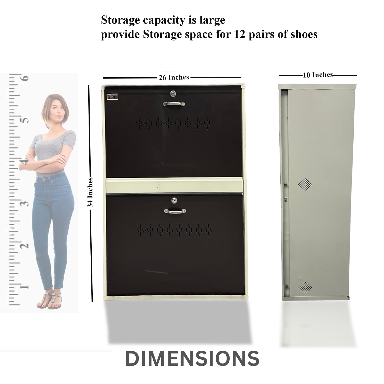 Double Decker Metal Shoe Rack for Home | Capacity-12 Pairs, 2 Door 4 Shelf | H-34, W-26, D-9.5" (inches)| Shoe Cabinet for Home with Lock | Wall Mount - DIY | 100% Powder Coated | White