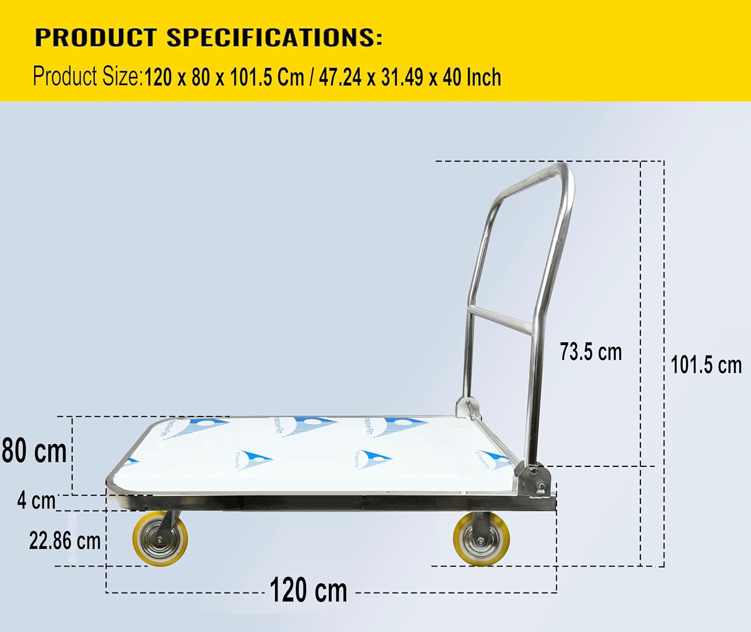 Welbuilt 1000 Kg Capacity SS304 Stainless Steel Foldable Platform Trolley for Lifting Heavy Weight with 360° Degree Swivel Wheels