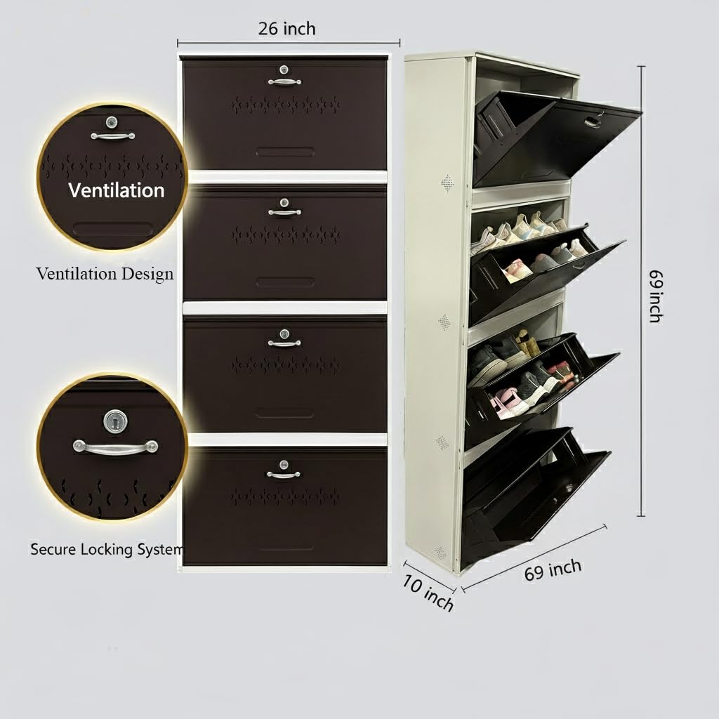 Double decker Metal Shoe Rack for Home | Capacity-24 pairs , 4 door 8 shelf | H-69", W-26", D-9.5" (inches)| Shoe Cabinet for Home with Lock | Wall Mount - DIY | 100% Powder Coated | White and Brown