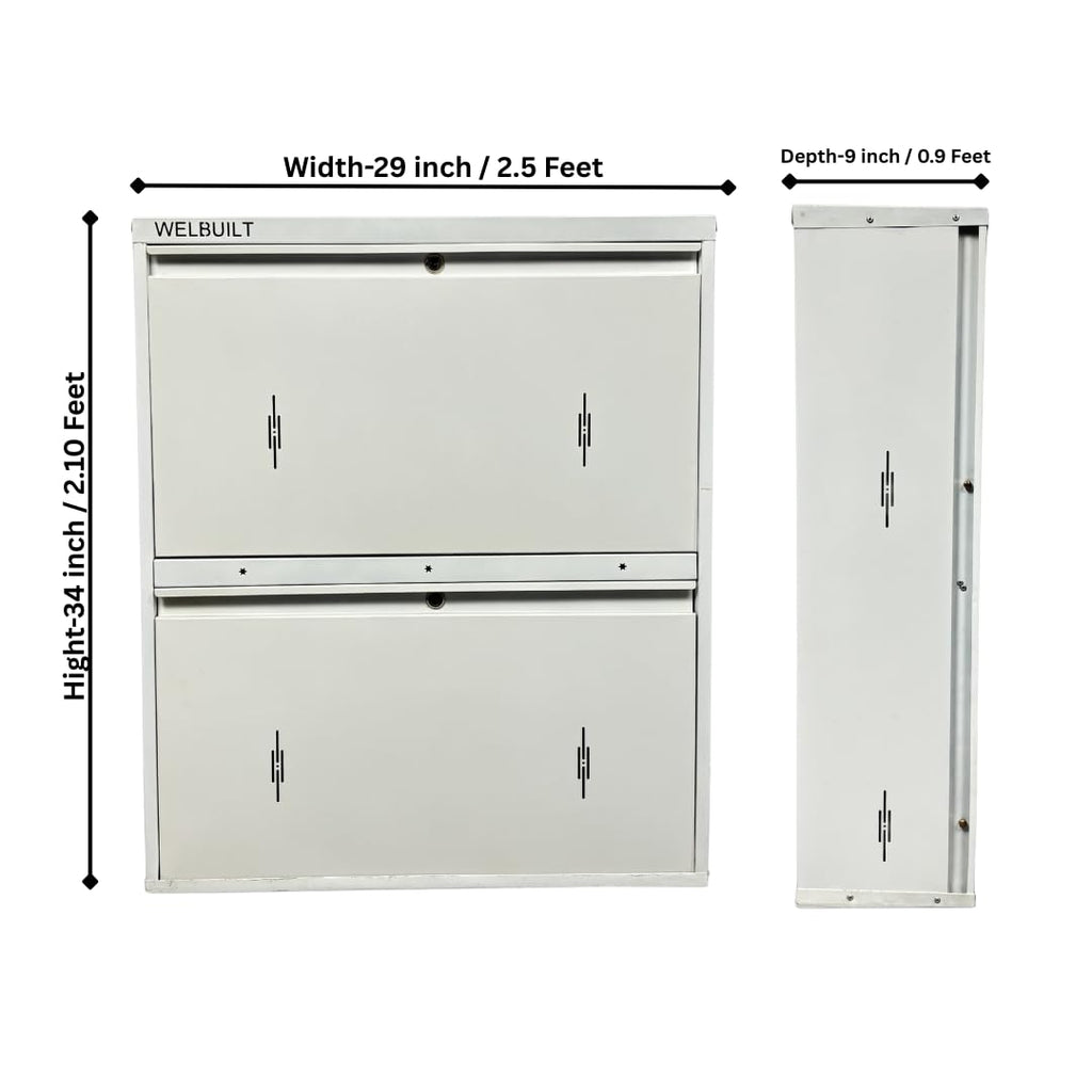 WELBUILT Double Decker Metal Shoe Rack for Home | Capacity-12 Pairs, 2 Door 4 Shelf | H-34, W-29, D-9" (inches)| Shoe Cabinet for Home with Lock | Wall Mount - DIY | 100% Powder Coated | Full White